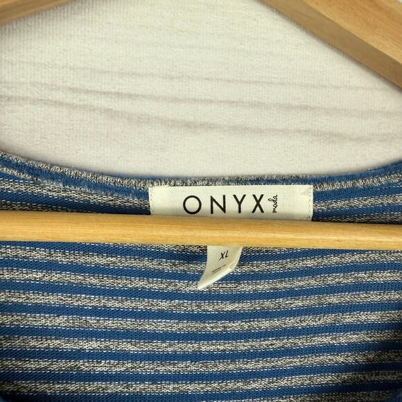 Women's ONYX Moda Blue Gray Striped Quarter Sleeve Tie Knot Blouse Size XL - Picture 4 of 7